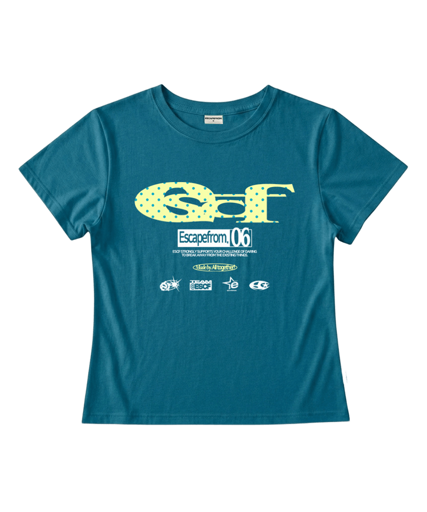 이스케이프프롬 레몬 도트 ESCF 로고 콜라주 프린트 슬림핏 반팔티 터콰이즈 민트(Escapefrom Lemon Dot ESCF Logo Collage Print Slim Fit T-Shirt Turquoise Mint) - 2