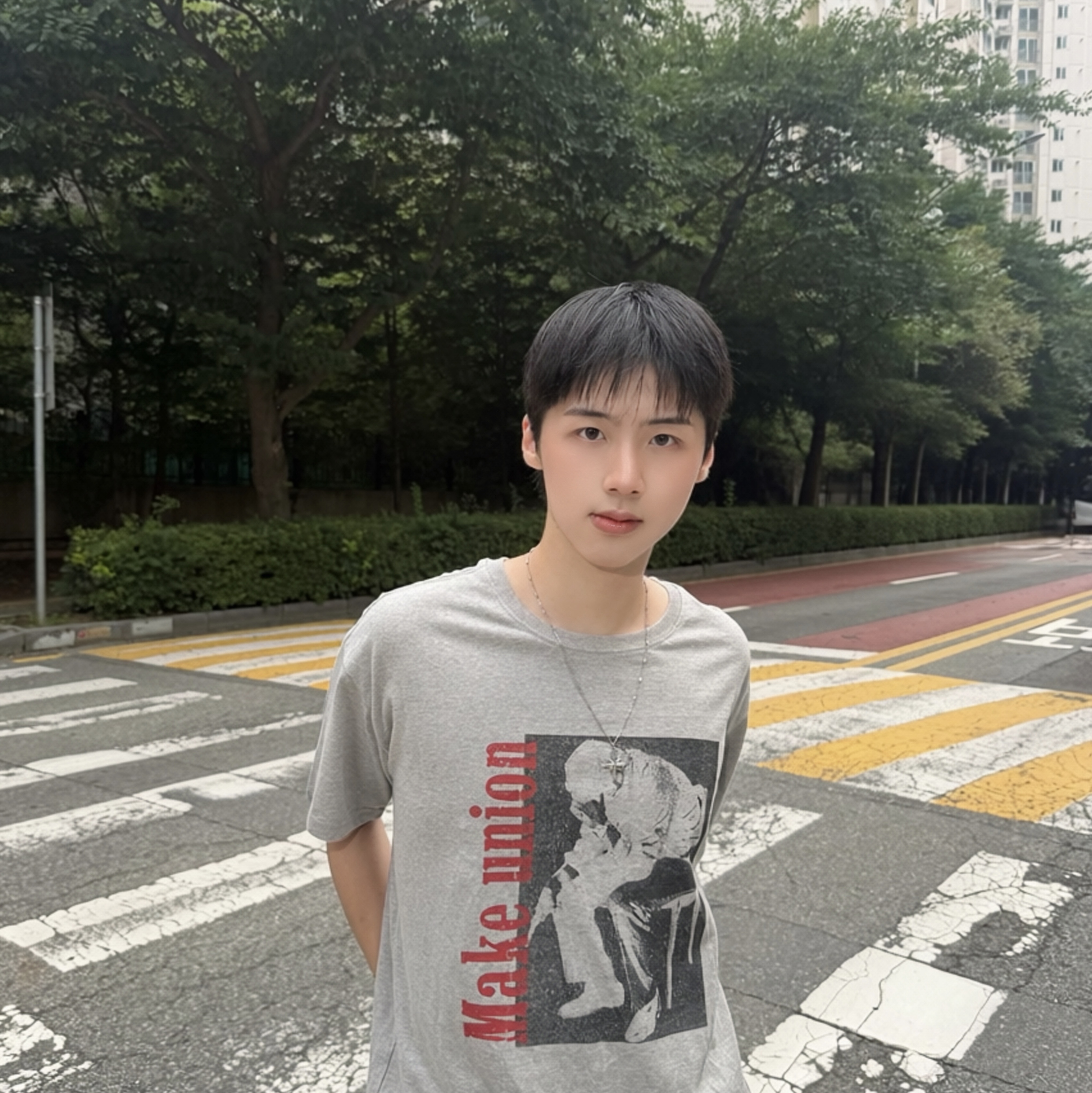 AMOU Trouble Half T-Shirts Gray, AMOU Trouble Half T-Shirts White 착용 스타일 - 2