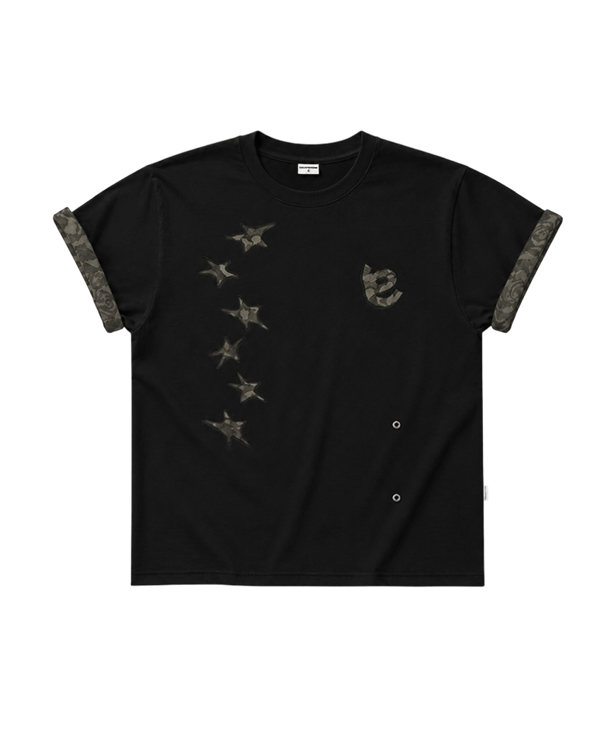 E261RUT010BK Escapefrom Star Camo Applique Roll-Up T-Shirt Black