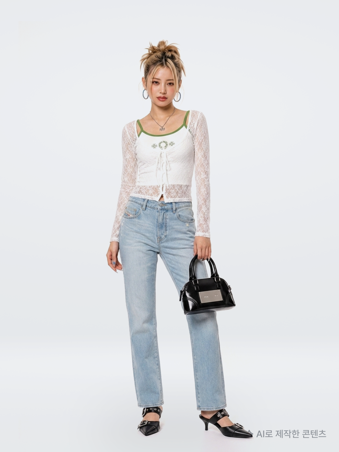 Roughneck Lace Layered Sleveless Mint, OJOS Button Denim Mini Skirt / Charcoal 착용 스타일 - 3