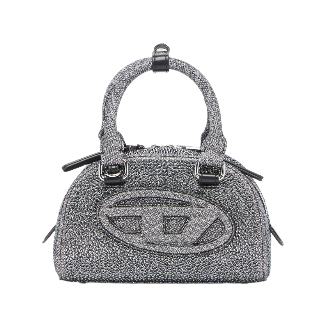 디젤 원디알 돔 스몰 볼링백 크리스탈 루렉스 블랙 실버(Diesel 1DR Dome Small Bowling Bag In Crystal Lurex Black Silver)