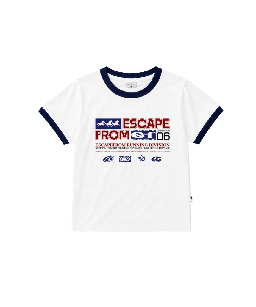 이스케이프프롬 무빙 트리플 홀스 로고 콜라주 프린트 링거 반팔티 네이비(Escapefrom Moving Triple Horse Logo Collage Print Ringer T-Shirt Navy) - 2