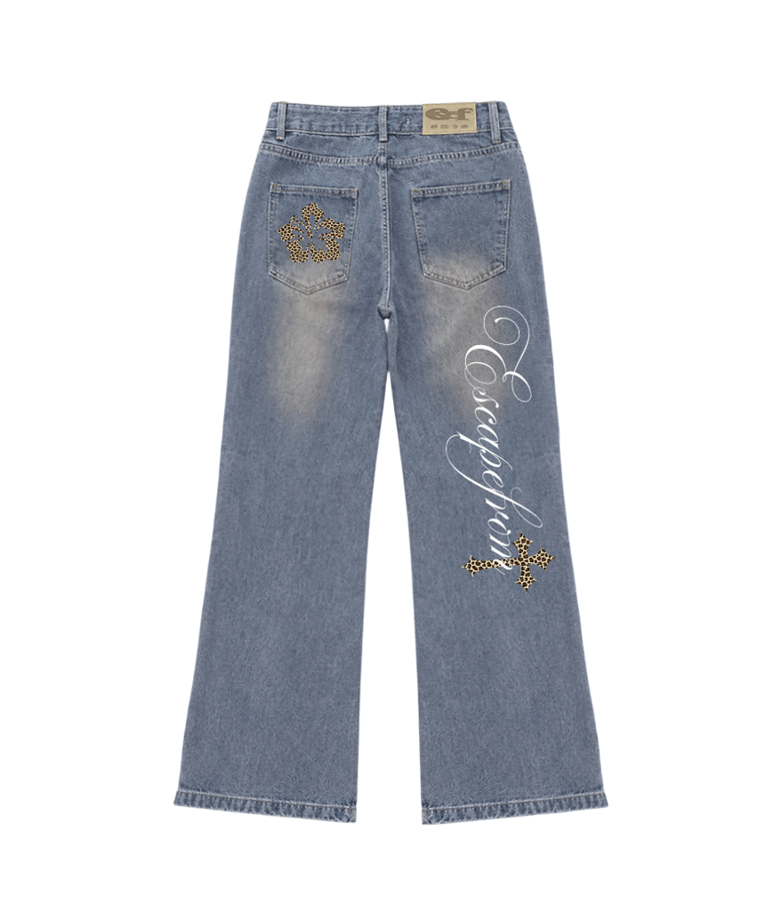 E261BDP003VT Escapefrom Back Point Print Bootcut Denim Pants Vintage
