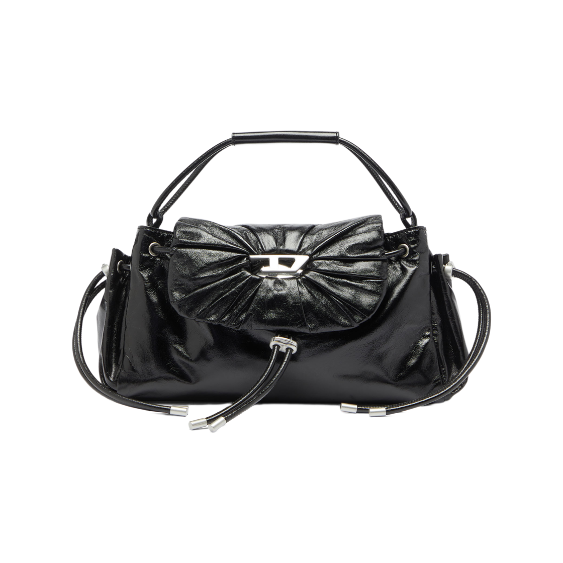 디젤 스크런치-D 탑 핸들 백 샤이니 링클 레더 블랙(Diesel Scrunch-D Top-Handle Bag In Shiny Wrinkled Leather Black)