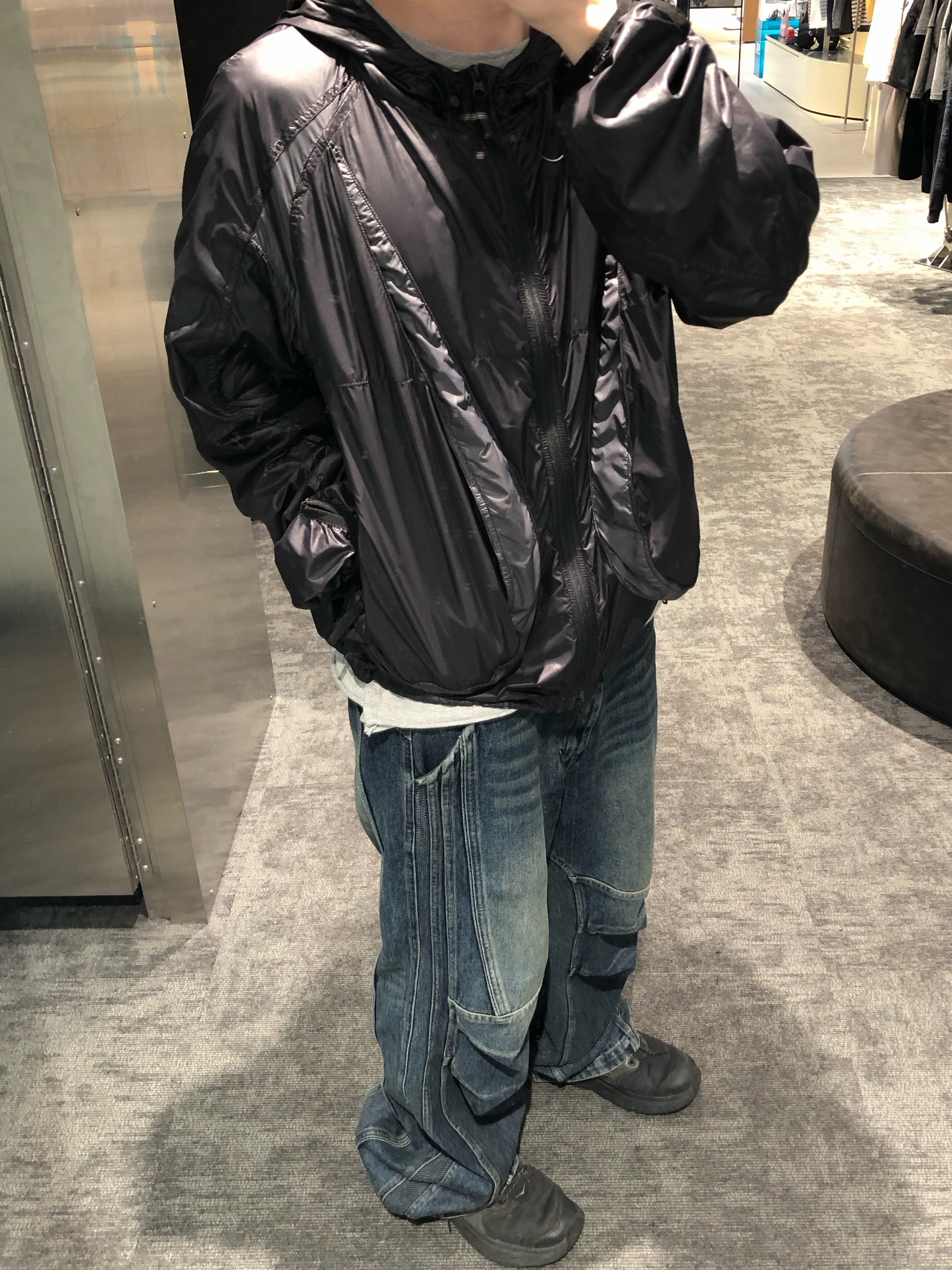 NOMANUAL Light Slash Jacket Black, IGNOTA Core:14 Caulis Pants Blue 착용 스타일