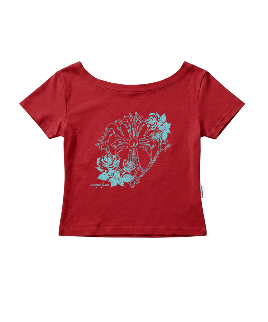 이스케이프프롬 로즈 크로스 프린트 보트넥 슬림핏 반팔티 레드(Escapefrom Rose Cross Print Boat Neck Slim Fit T-Shirt Red)