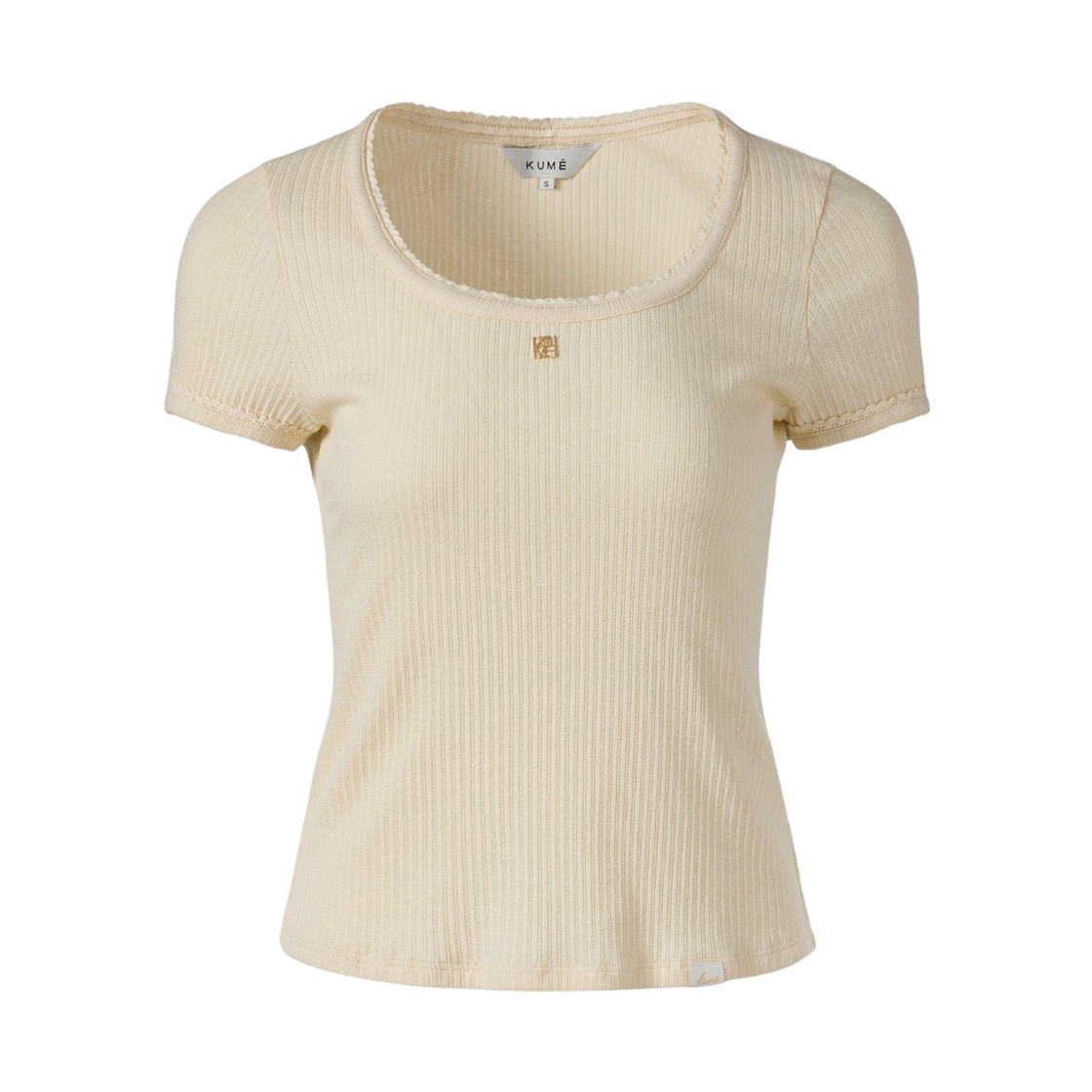 (W) 쿠메 포인텔 스쿱 넥 티셔츠 버터((W) KUME Pointelle Scoop Neck T-Shirt - Butter)