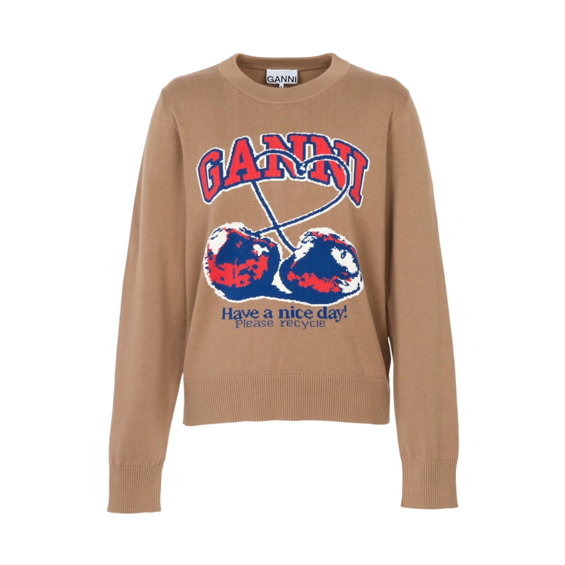 A1150014-118 (W) Ganni Cherry Graphic Crewneck Knit Camel