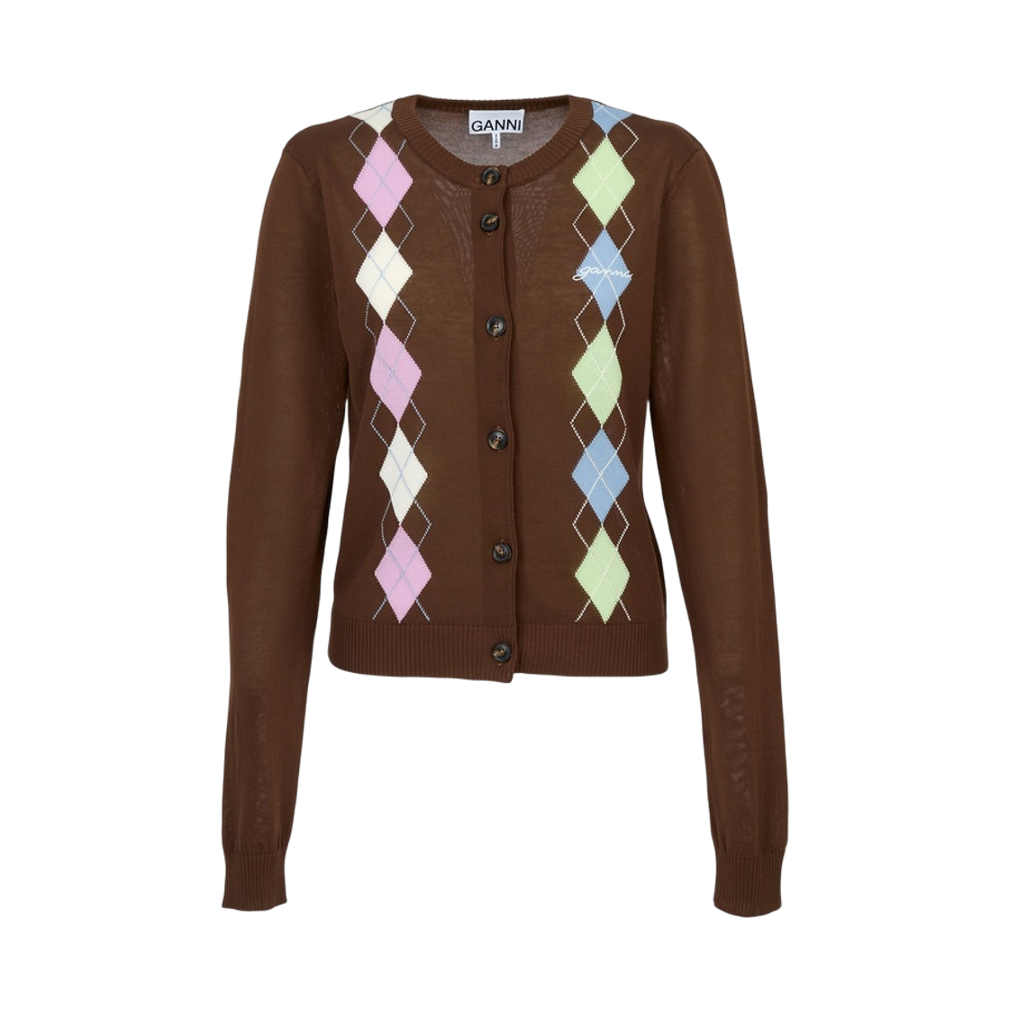 A1160009-05H (W) Ganni Light Cotton Argyle Cardigan Brown