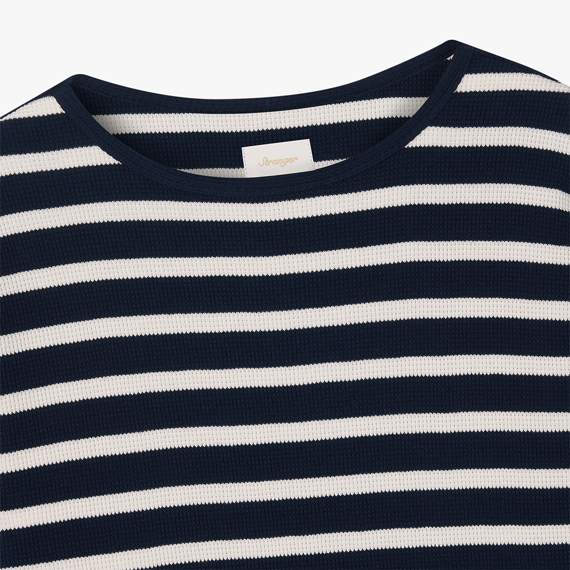 스트레인저 릴렉스 핏 와플 코튼 스트라이프 긴팔 티셔츠 네이비/크림(Stranger Relaxed Fit Waffle Cotton Stripe LS T-Shirt (Navy/Cream)) - 3