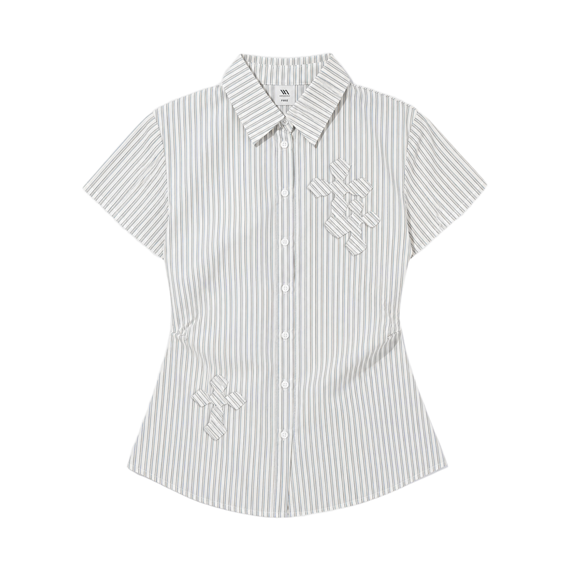 101752-0003 venhit Cross Applique Pin Tuck Short-Sleeve Striped Shirt White