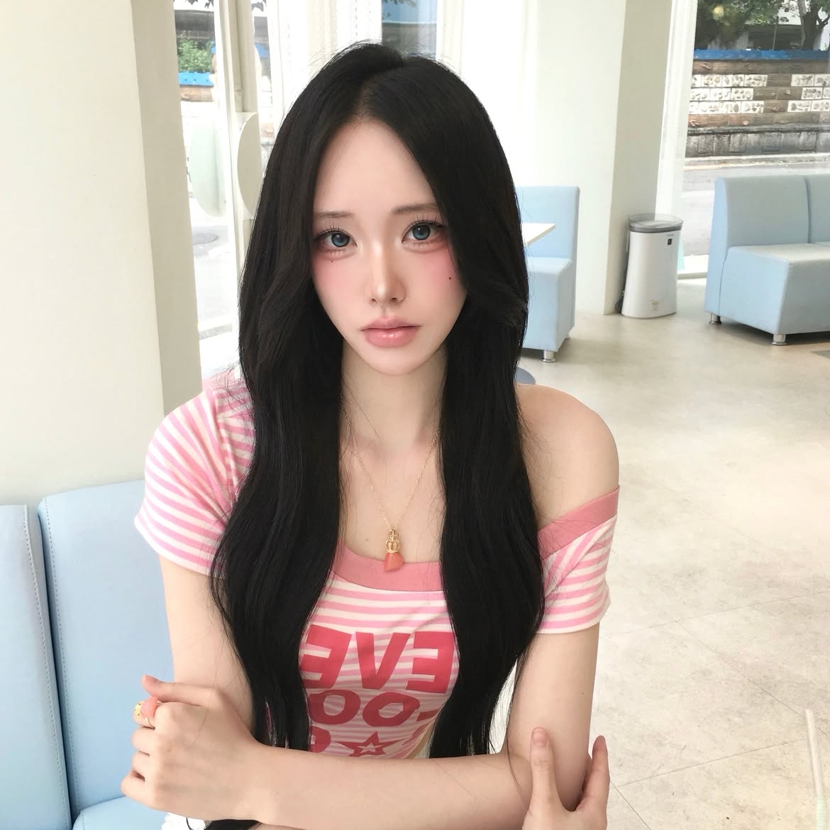 venhit NLB Striped One Shoulder Slim Fit Short Sleeved T_Shirt Pink 착용 스타일 - 2