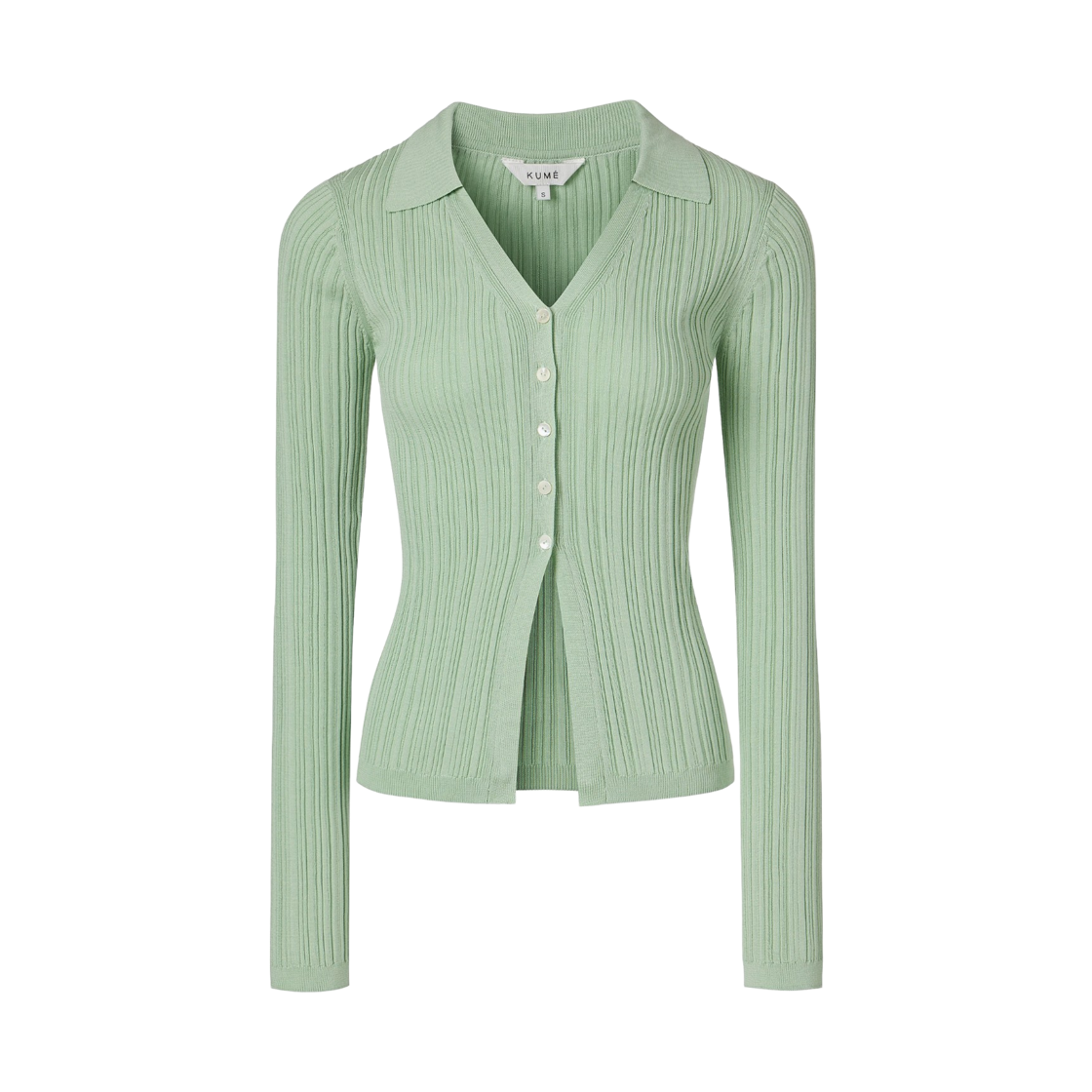 (W) 쿠메 리브드 플리츠 카라 가디건 민트((W) KUME Ribbed Pleated Collared Cardigan - Mint)