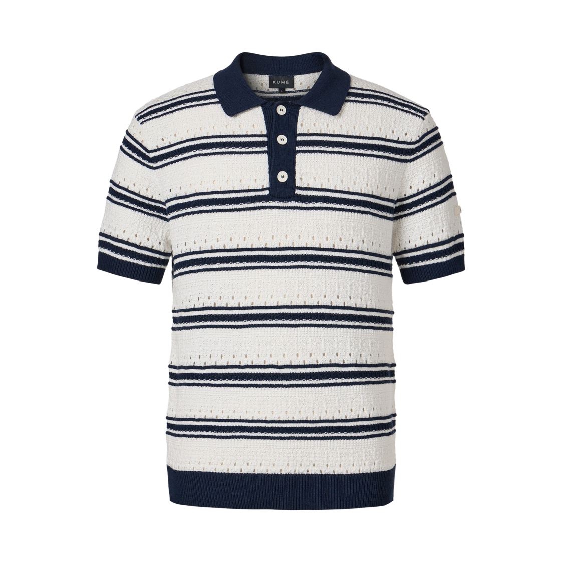 쿠메 스트라이프 크로셰 폴로 니트 탑 네이비(KUME Striped Crochet Polo Knit Top - Navy)
