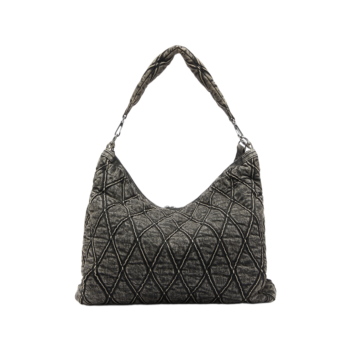 X10363P9029-T8013 Diesel Charm-D Hobo Bag In Acid-Wash Quilted Denim Dark Grey