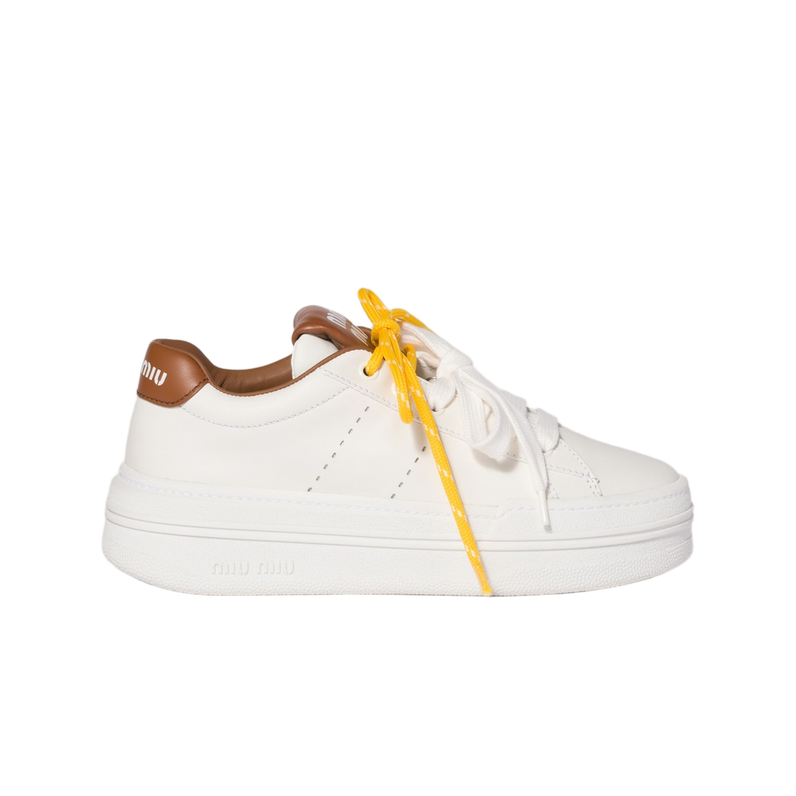 (W) 미우 미우 레더 스니커즈 화이트 꼬냑((W) Miu Miu Leather Sneakers White Cognac) - 1