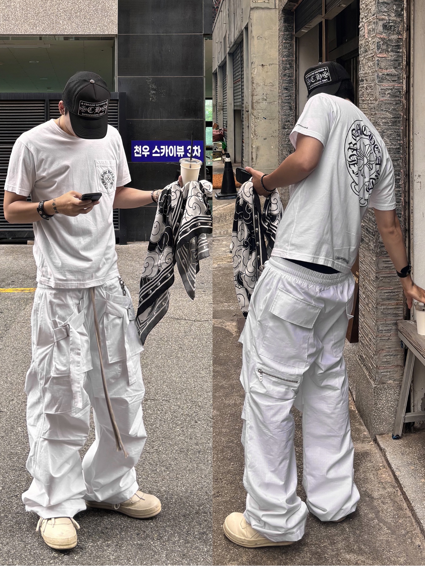 Chrome Hearts Horseshoe Logo Pocket T-Shirt White, Wapworks Wide Safety Cargo Pants Black 착용 스타일 - 1