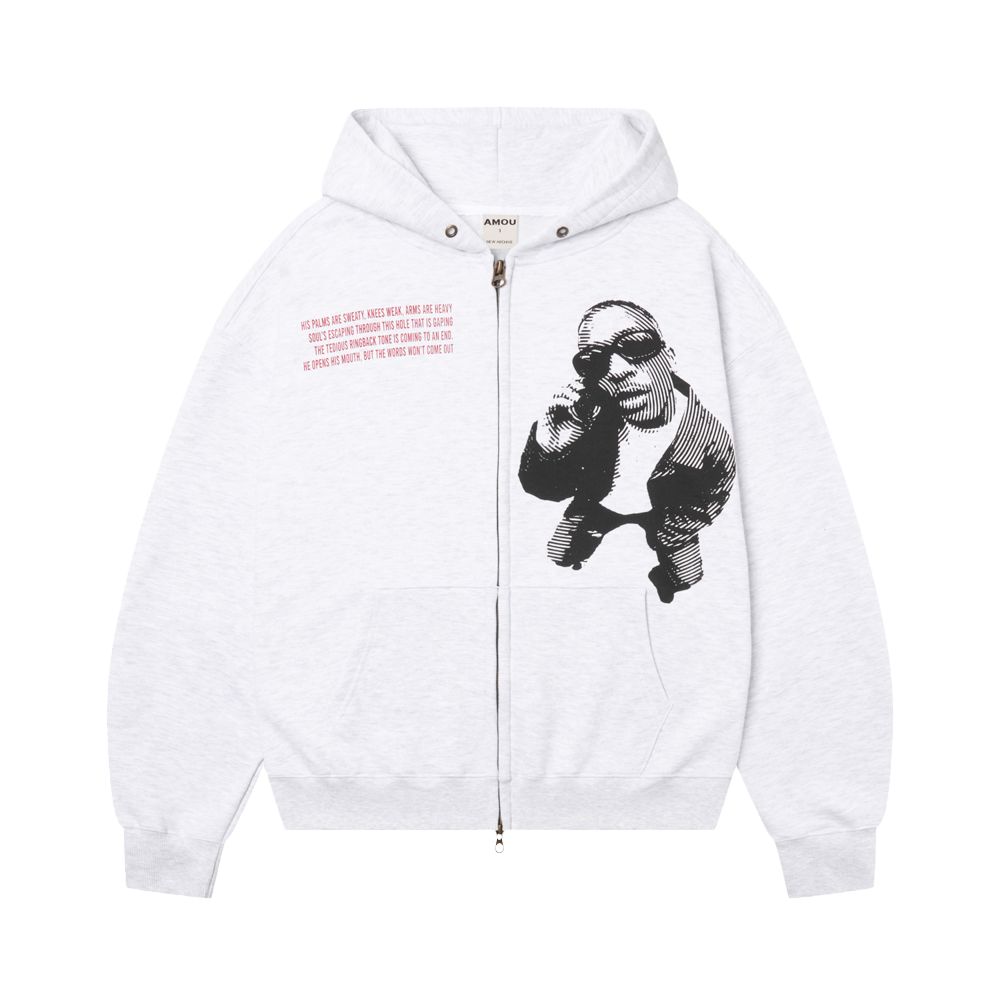아모우 핫라인 후디 집업 화이트 그레이(AMOU Hotline Hoodie Zip-up White Gray)