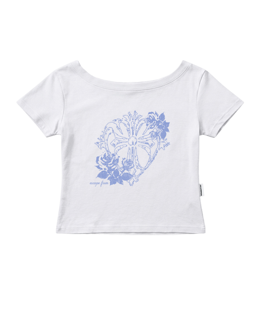 이스케이프프롬 로즈 크로스 프린트 보트넥 슬림핏 반팔티 화이트(Escapefrom Rose Cross Print Boat Neck Slim Fit T-Shirt White)