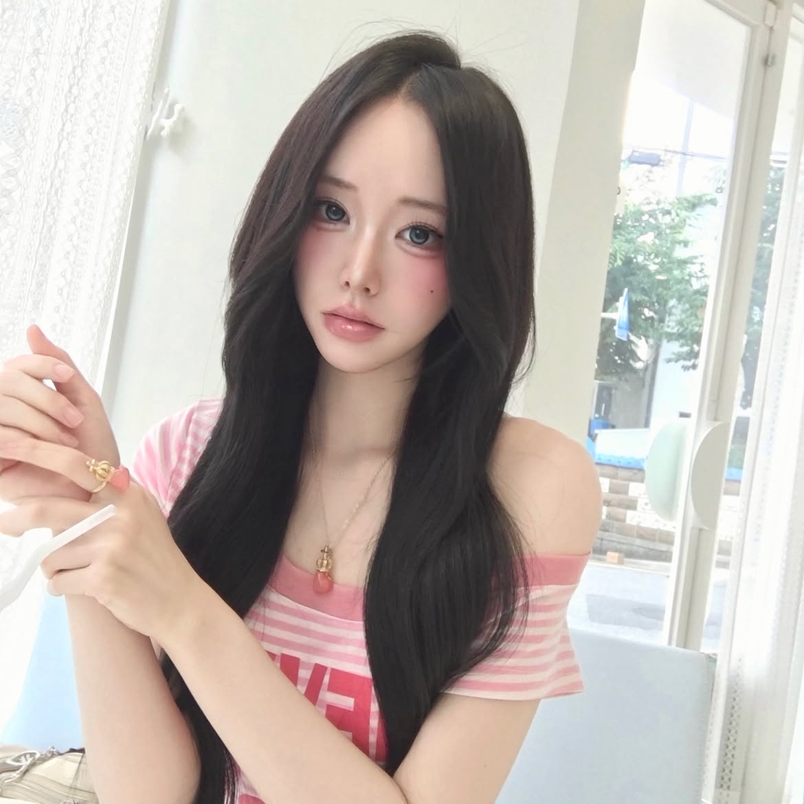 venhit NLB Striped One Shoulder Slim Fit Short Sleeved T_Shirt Pink 착용 스타일 - 3