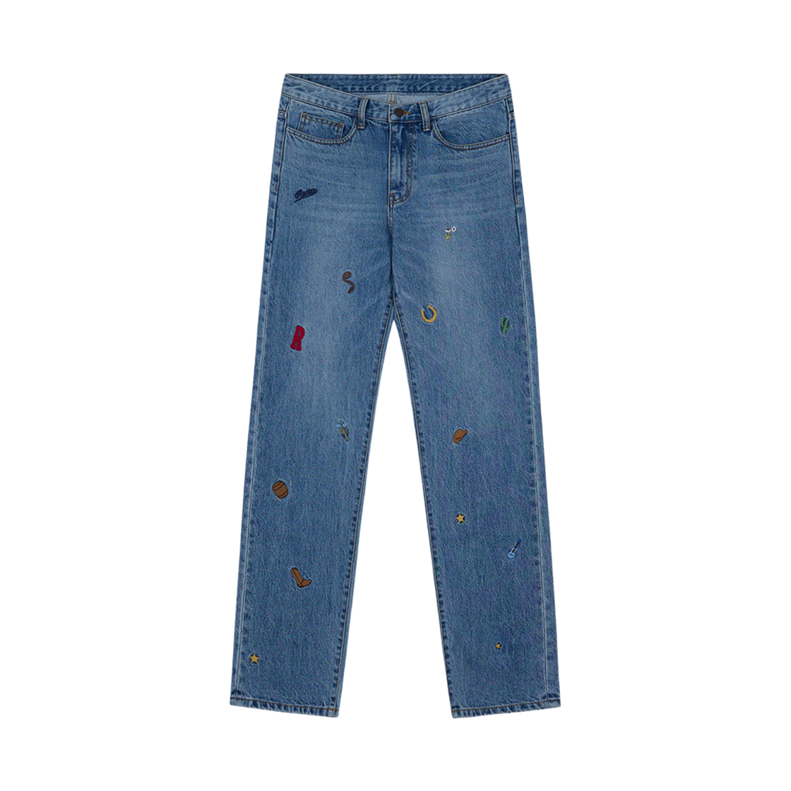 스트레인저 스트레이트 핏 아플리케 자수 데님 팬츠 네이비(Stranger Straight Fit Applique Embroidery Cotton Denim (Navy)) - 1