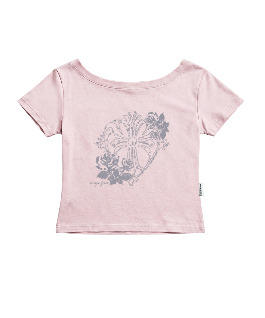 이스케이프프롬 로즈 크로스 프린트 보트넥 슬림핏 반팔티 카키(Escapefrom Rose Cross Print Boat Neck Slim Fit T-Shirt Khaki) - 3