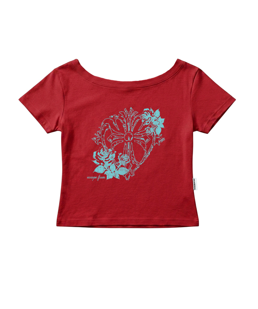 이스케이프프롬 로즈 크로스 프린트 보트넥 슬림핏 반팔티 핑크(Escapefrom Rose Cross Print Boat Neck Slim Fit T-Shirt Pink) - 4