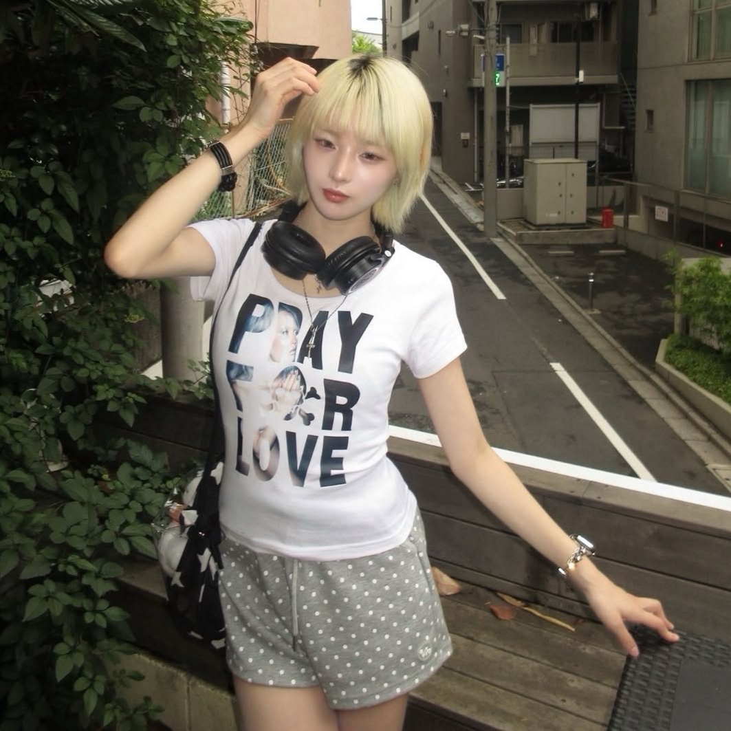 venhit Star Dot Banding Pants Grey, venhit Saintly Love U-Neck Slim Fit Short Sleeve T-Shirt White 착용 스타일 - 1
