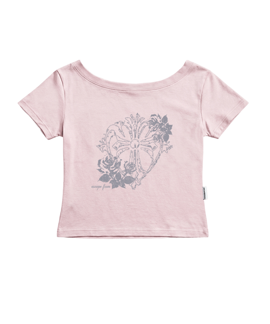 이스케이프프롬 로즈 크로스 프린트 보트넥 슬림핏 반팔티 핑크(Escapefrom Rose Cross Print Boat Neck Slim Fit T-Shirt Pink) - 2