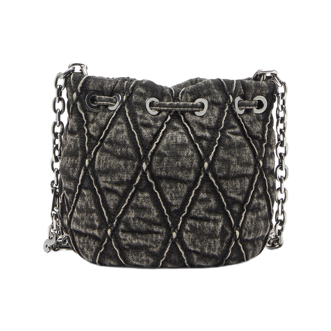 X10346P9029-T8013 Diesel Charm-D Bucket Bag In Acid-Wash Quilted Denim Dark Grey