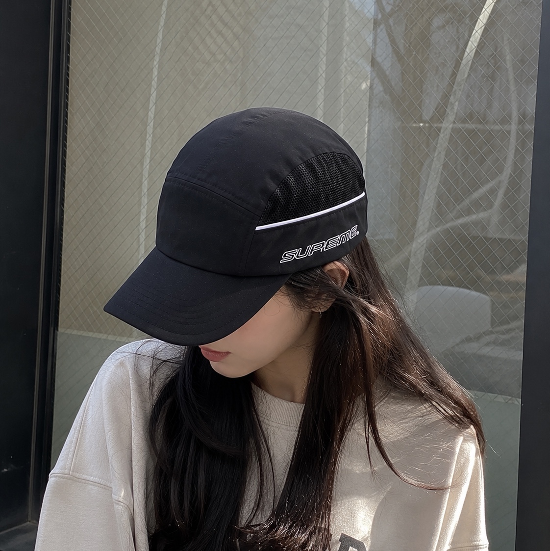 Supreme Side Mesh Piping Camp Cap Black - 26SS 착용 스타일
