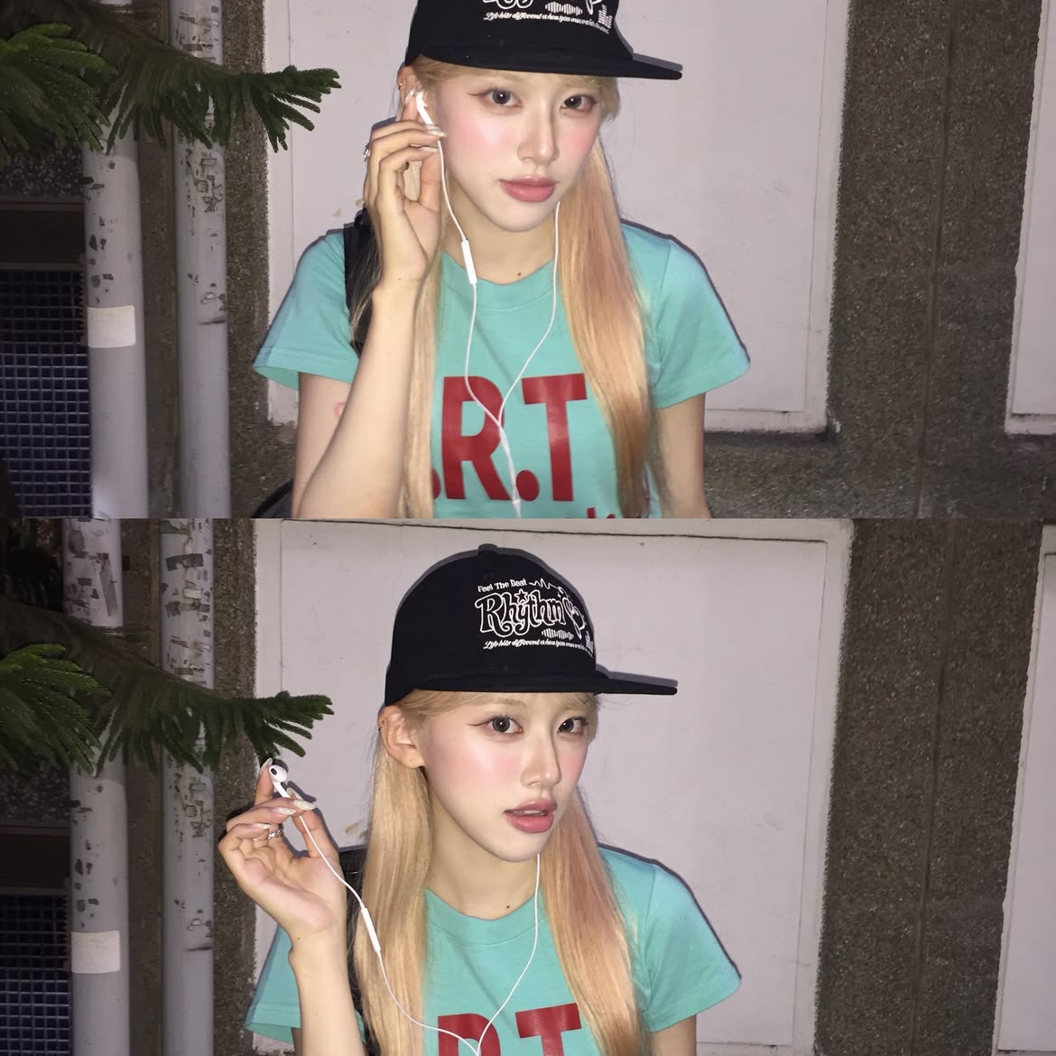 venhit Heart Rhythm Flat Brim Cap Black, venhit MRT Vivid Slim Fit Short Sleeve T-Shirt Mint 착용 스타일 - 2