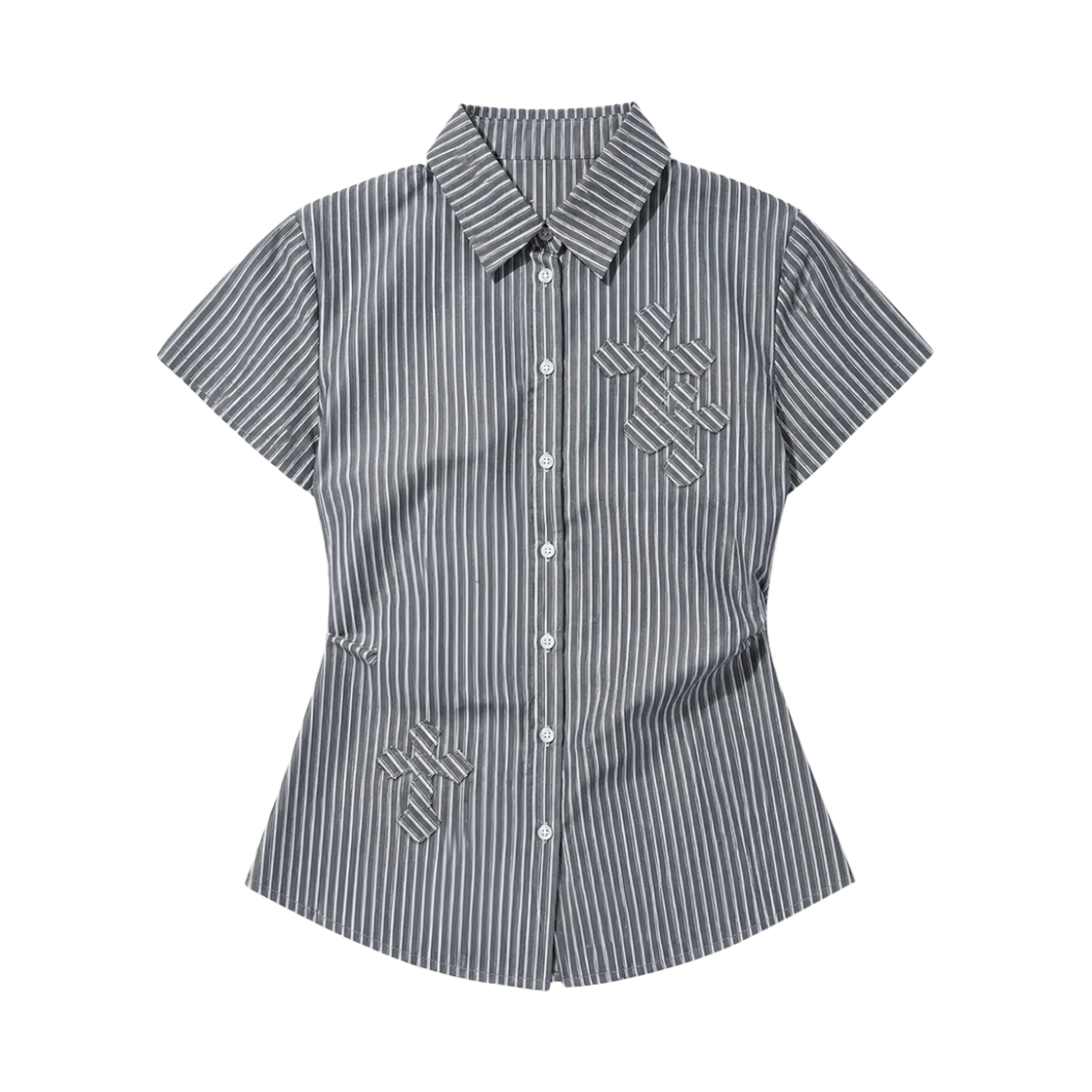 벤힛 크로스 아플리케 반팔 스트라이프 셔츠 네이비(venhit Cross Applique Pin Tuck Short-Sleeve Striped Shirt Navy) - 1