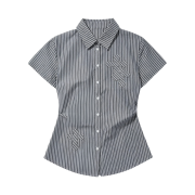 venhit Cross Applique Pin Tuck Short-Sleeve Striped Shirt Navy
