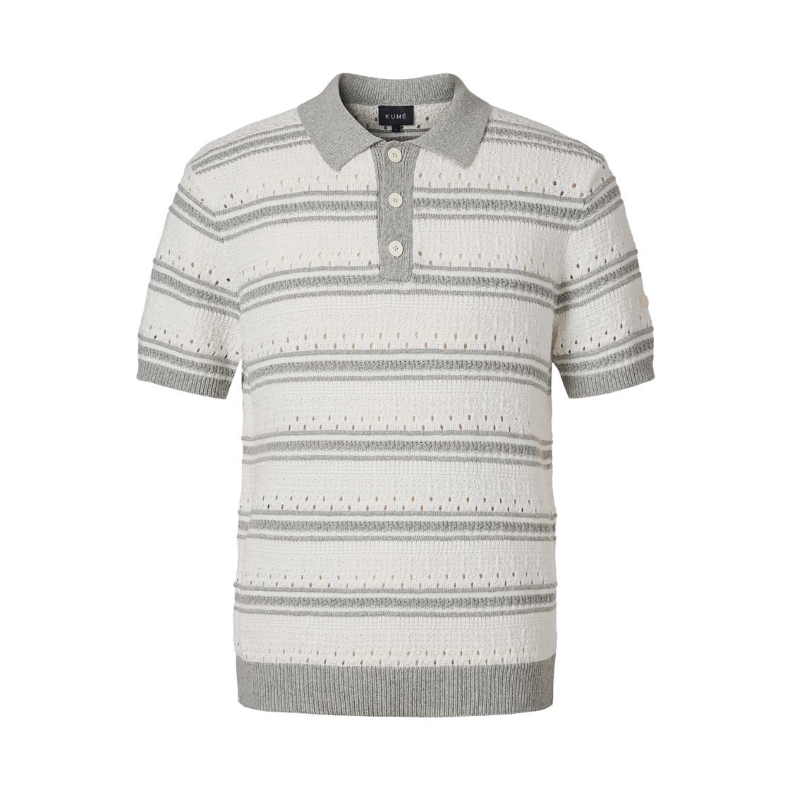 쿠메 스트라이프 크로셰 폴로 니트 탑 그레이(KUME Striped Crochet Polo Knit Top - Gray)