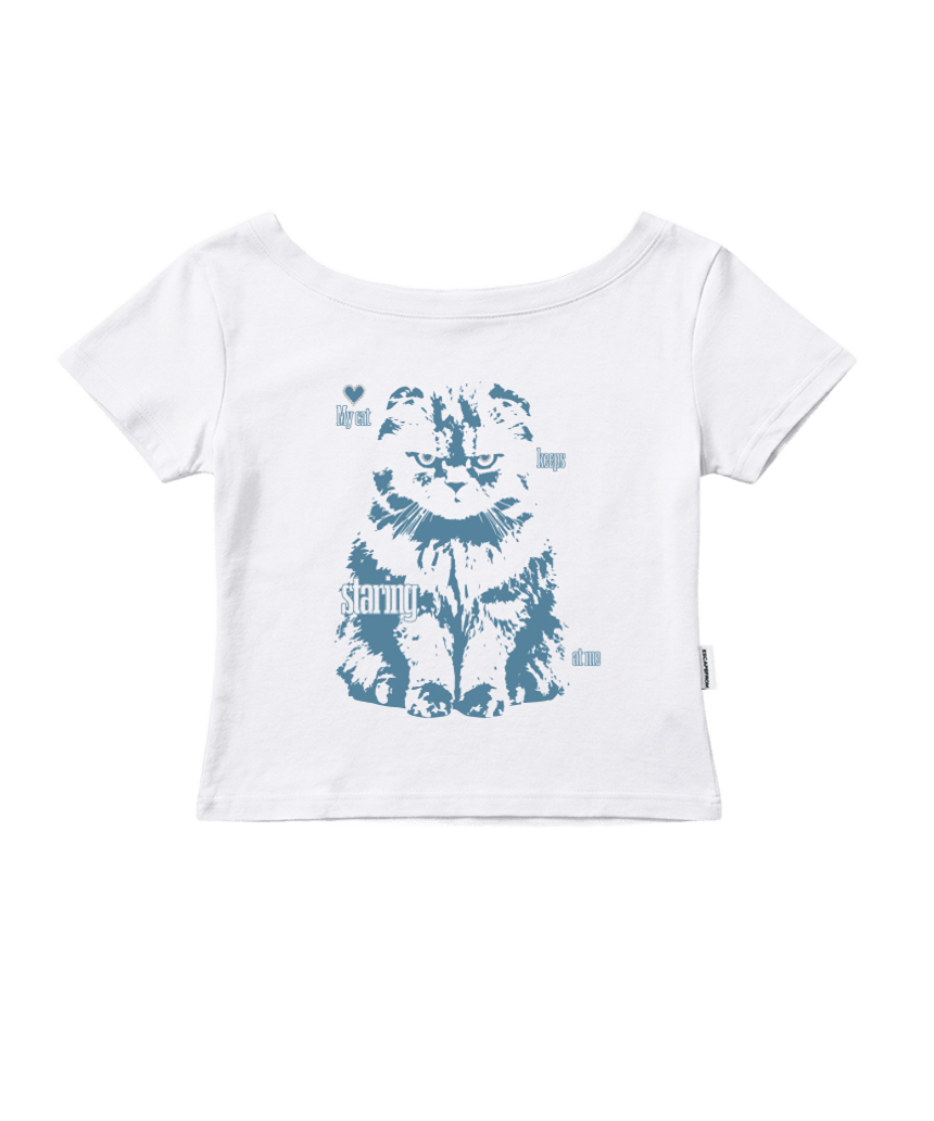 이스케이프프롬 마이 캣 프린트 보트넥 슬림핏 반팔티 화이트(Escapefrom My Cat Print Boat Neck Slim Fit T-Shirt White)