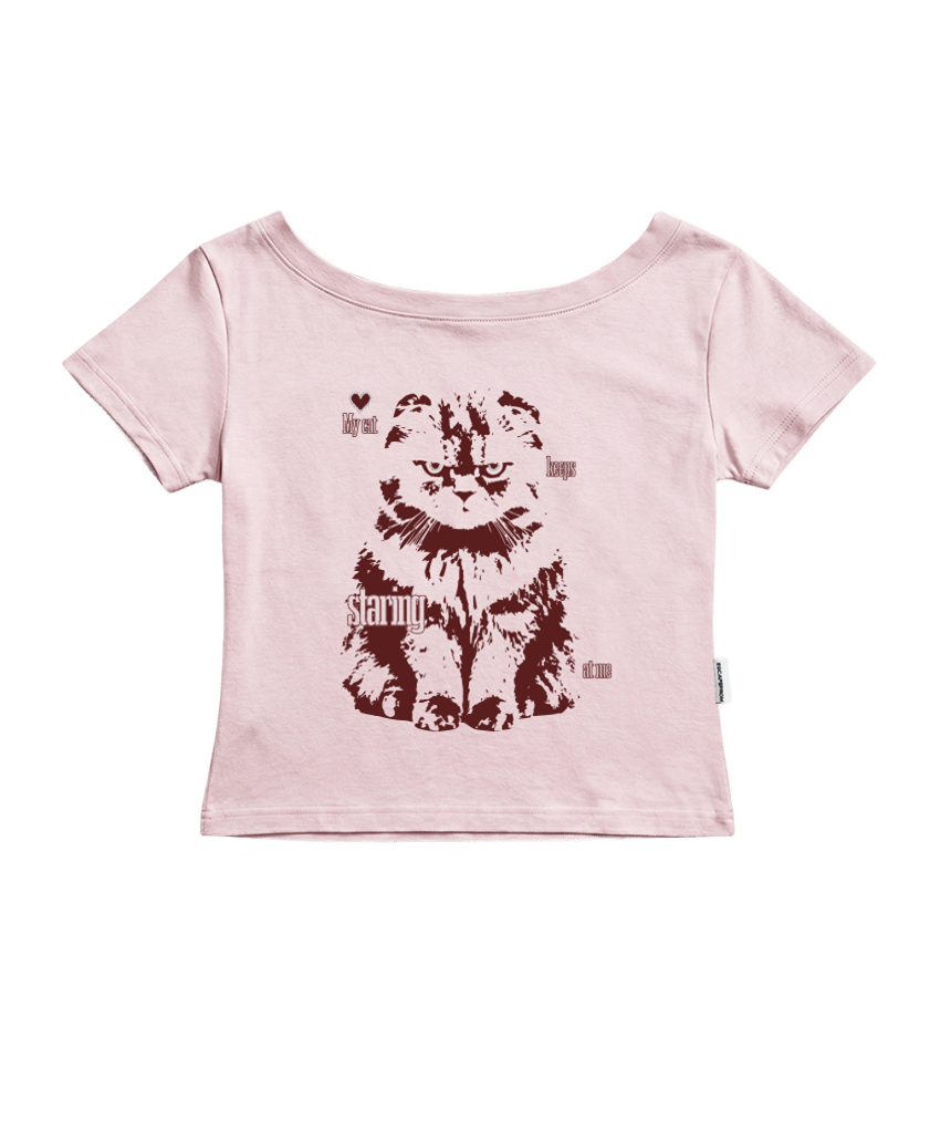 이스케이프프롬 마이 캣 프린트 보트넥 슬림핏 반팔티 핑크(Escapefrom My Cat Print Boat Neck Slim Fit T-Shirt Pink)