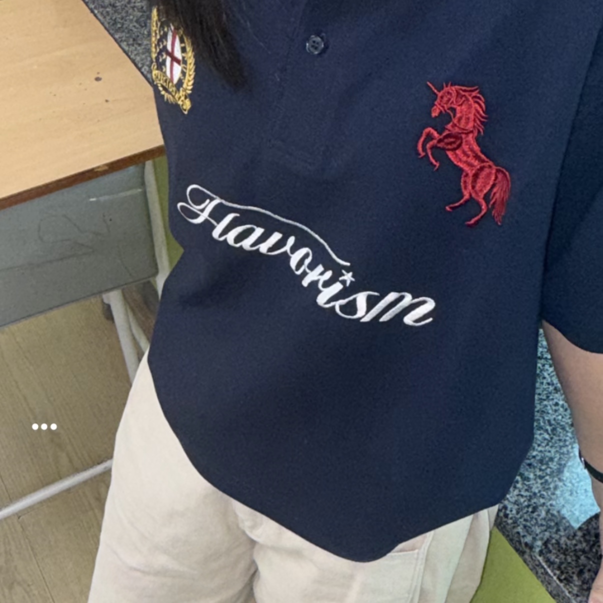 Flavorism Red Horse Pique Shirt Navy 착용 스타일