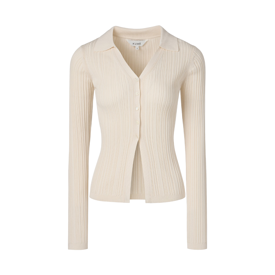 (W) 쿠메 리브드 플리츠 카라 가디건 아이보리((W) KUME Ribbed Pleated Collared Cardigan - Ivory)