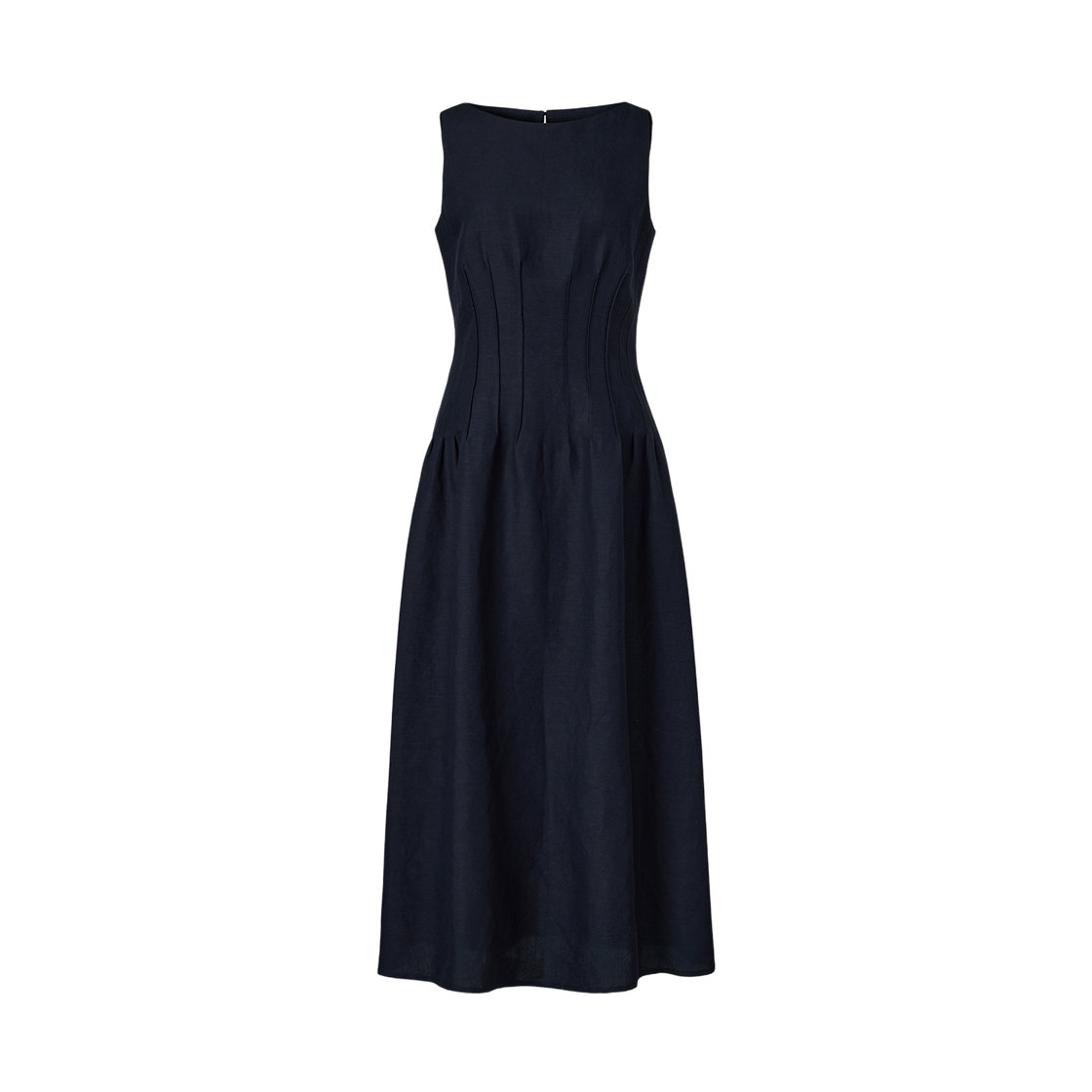 KM-26SS-OP01NV (W) KUME Linen Boat-Neck Pintucked Dress - Navy
