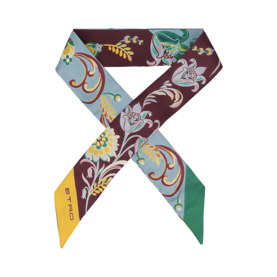 (W) 에트로 페이즐리 스키니 실크 트윌 스카프 브라운 블루((W) Etro Paisley Skinny Silk Twill Scarf Brown Blue)