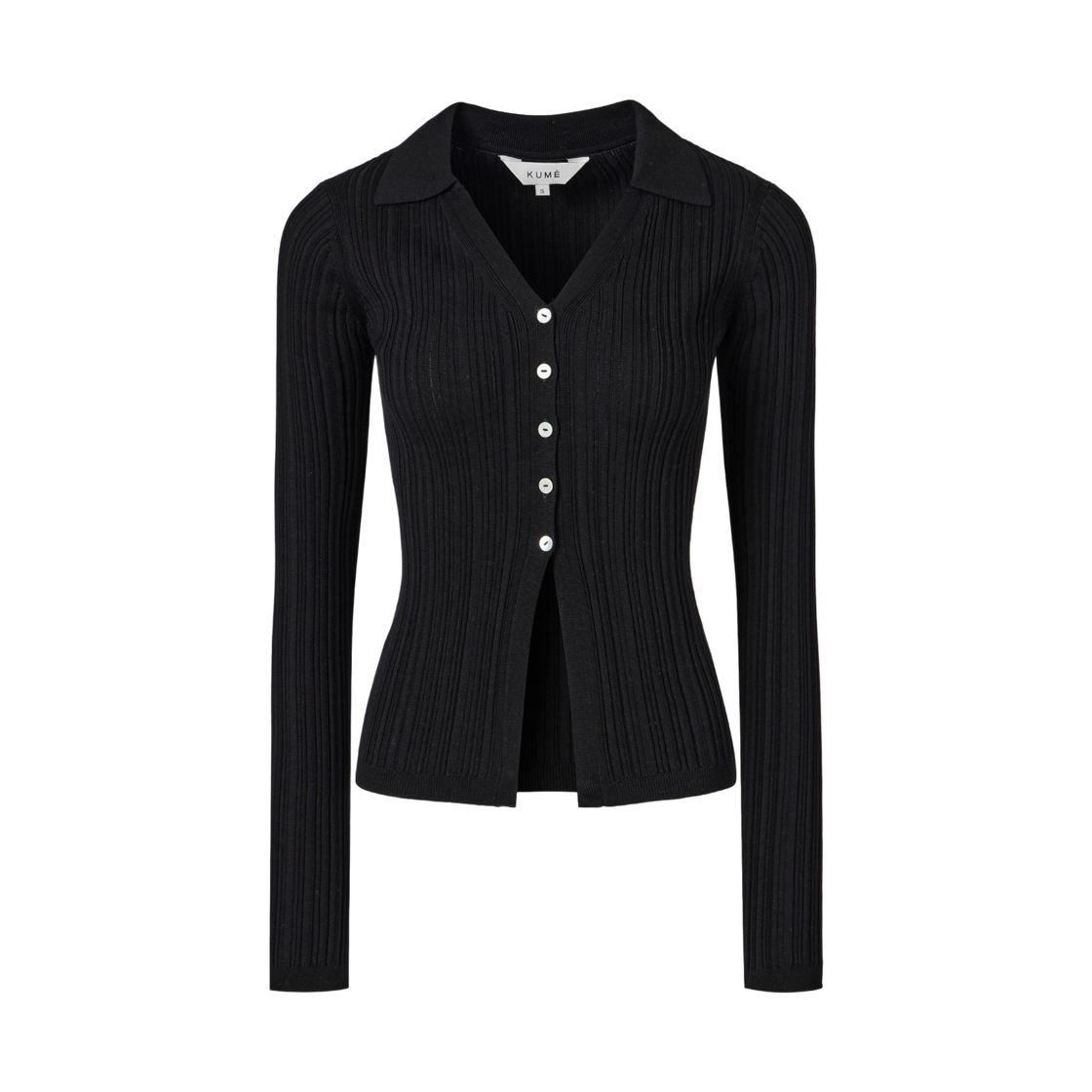 (W) 쿠메 리브드 플리츠 카라 가디건 블랙((W) KUME Ribbed Pleated Collared Cardigan - Black)