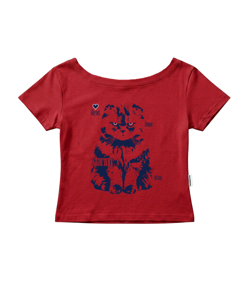 이스케이프프롬 마이 캣 프린트 보트넥 슬림핏 반팔티 카키(Escapefrom My Cat Print Boat Neck Slim Fit T-Shirt Khaki) - 4