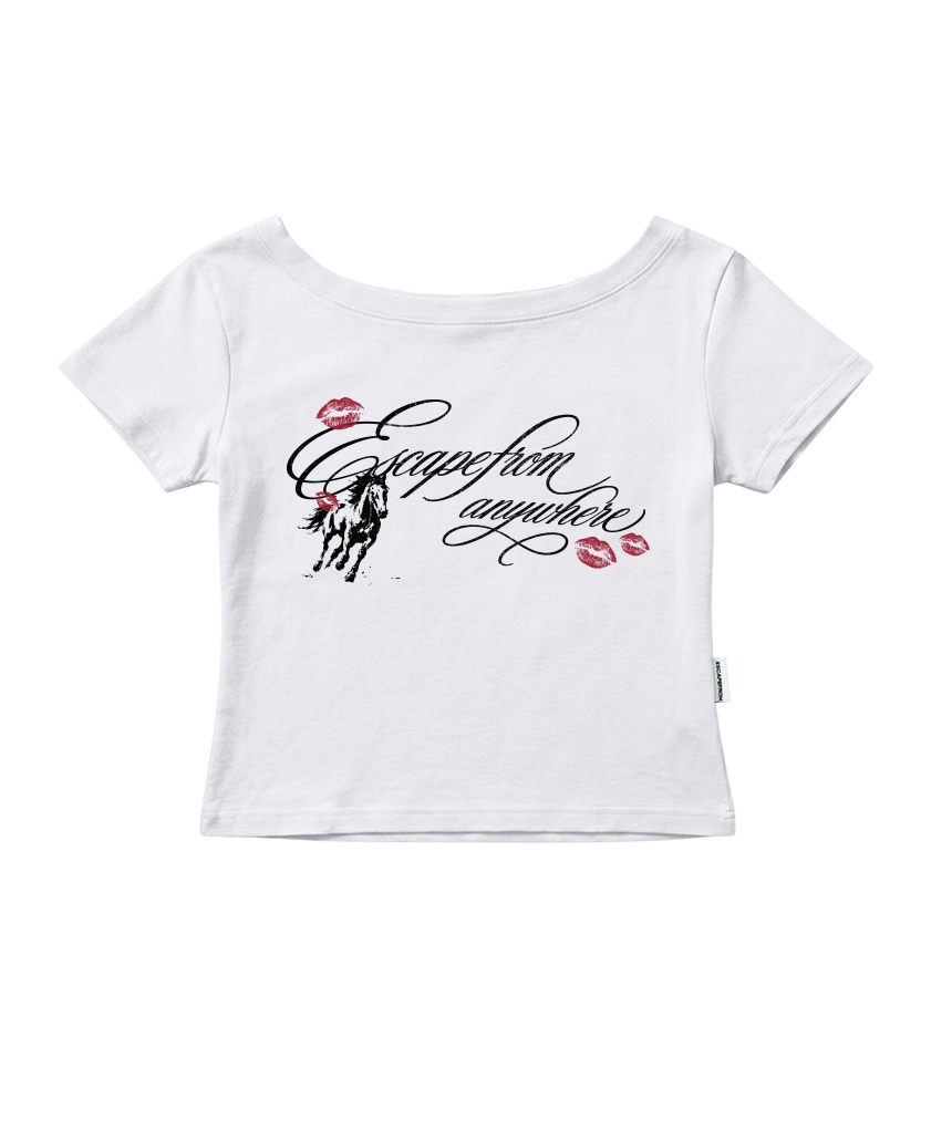 이스케이프프롬 키스 홀스 레터링 프린트 보트넥 슬림핏 반팔티 화이트(Escapefrom Kiss Horse Lettering Print Boat Neck Slim Fit T-Shirt White) - 4