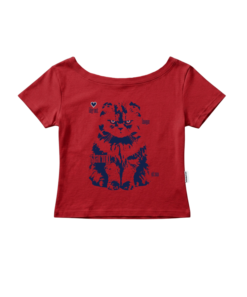 이스케이프프롬 마이 캣 프린트 보트넥 슬림핏 반팔티 레드(Escapefrom My Cat Print Boat Neck Slim Fit T-Shirt Red)