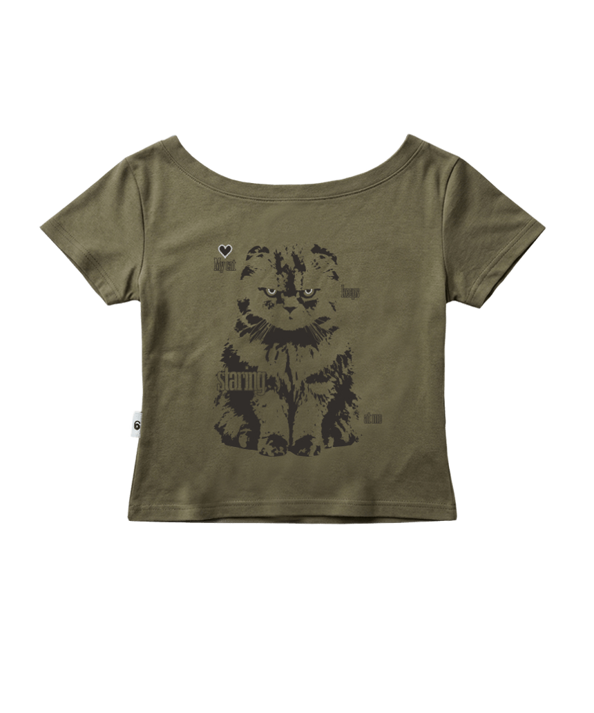이스케이프프롬 마이 캣 프린트 보트넥 슬림핏 반팔티 카키(Escapefrom My Cat Print Boat Neck Slim Fit T-Shirt Khaki) - 2