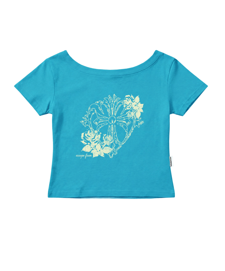 이스케이프프롬 로즈 크로스 프린트 보트넥 슬림핏 반팔티 틸블루(Escapefrom Rose Cross Print Boat Neck Slim-Fit Short-Sleeve T-Shirt Teal Blue)