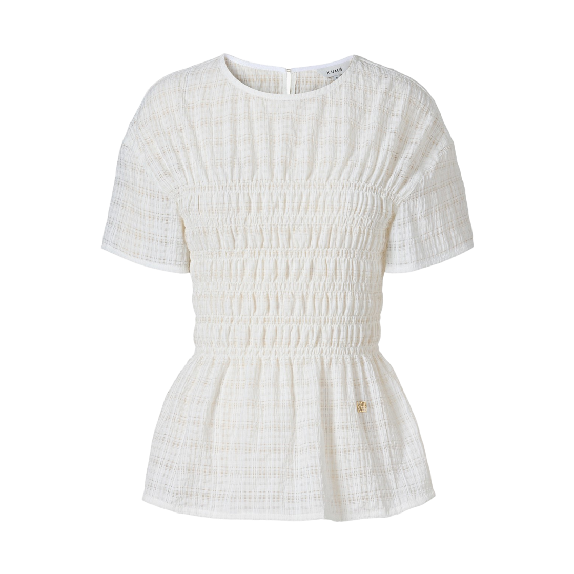 (W) 쿠메 스모킹 체크 블라우스 화이트((W) KUME Smocked Checkered Blouse - White)