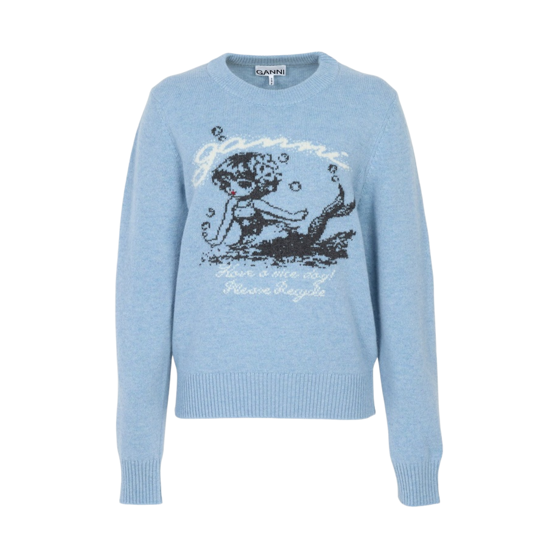 A1150009-326 (W) Ganni Mermaid Graphic Crewneck Knit Chambray