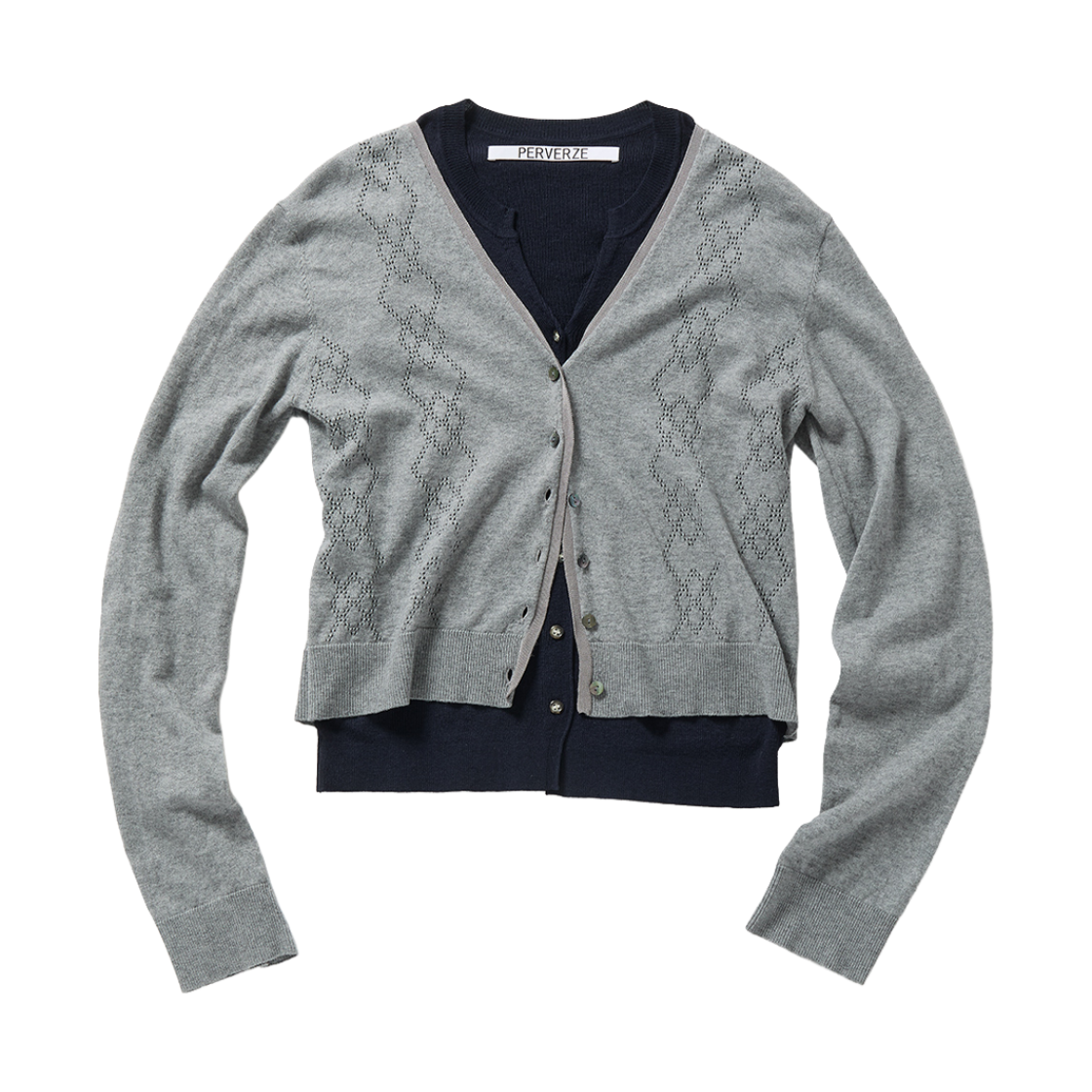 퍼버즈 우먼 아일렛 레이어드 니트 롱 슬리브 탑 그레이 - 26FW(Perverze Women Eyelet Layered Knit Long Sleeve Top Gray - 26FW)